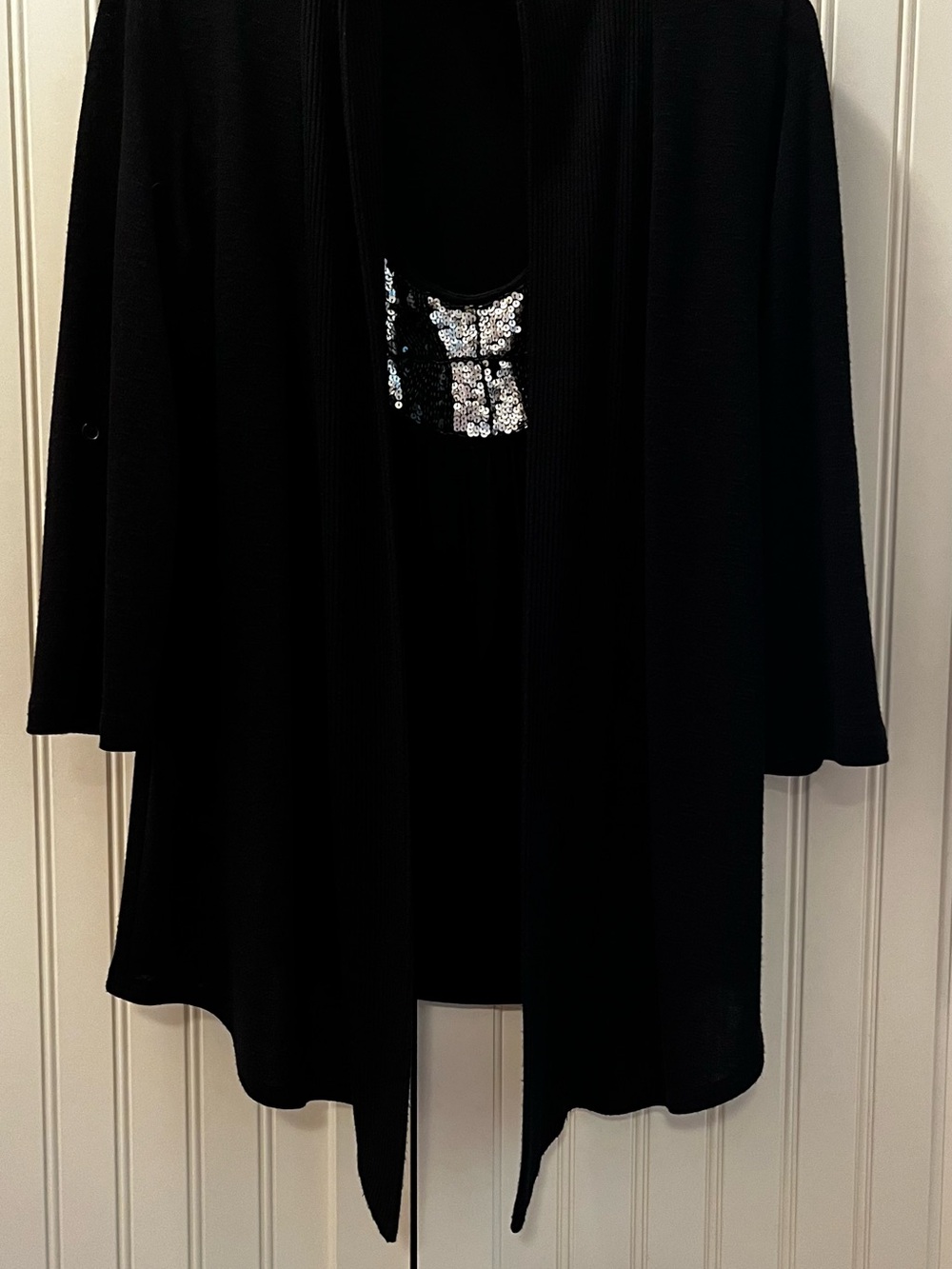 Bobeau Black Sequin-Embellished Camisole with Open Cardigan